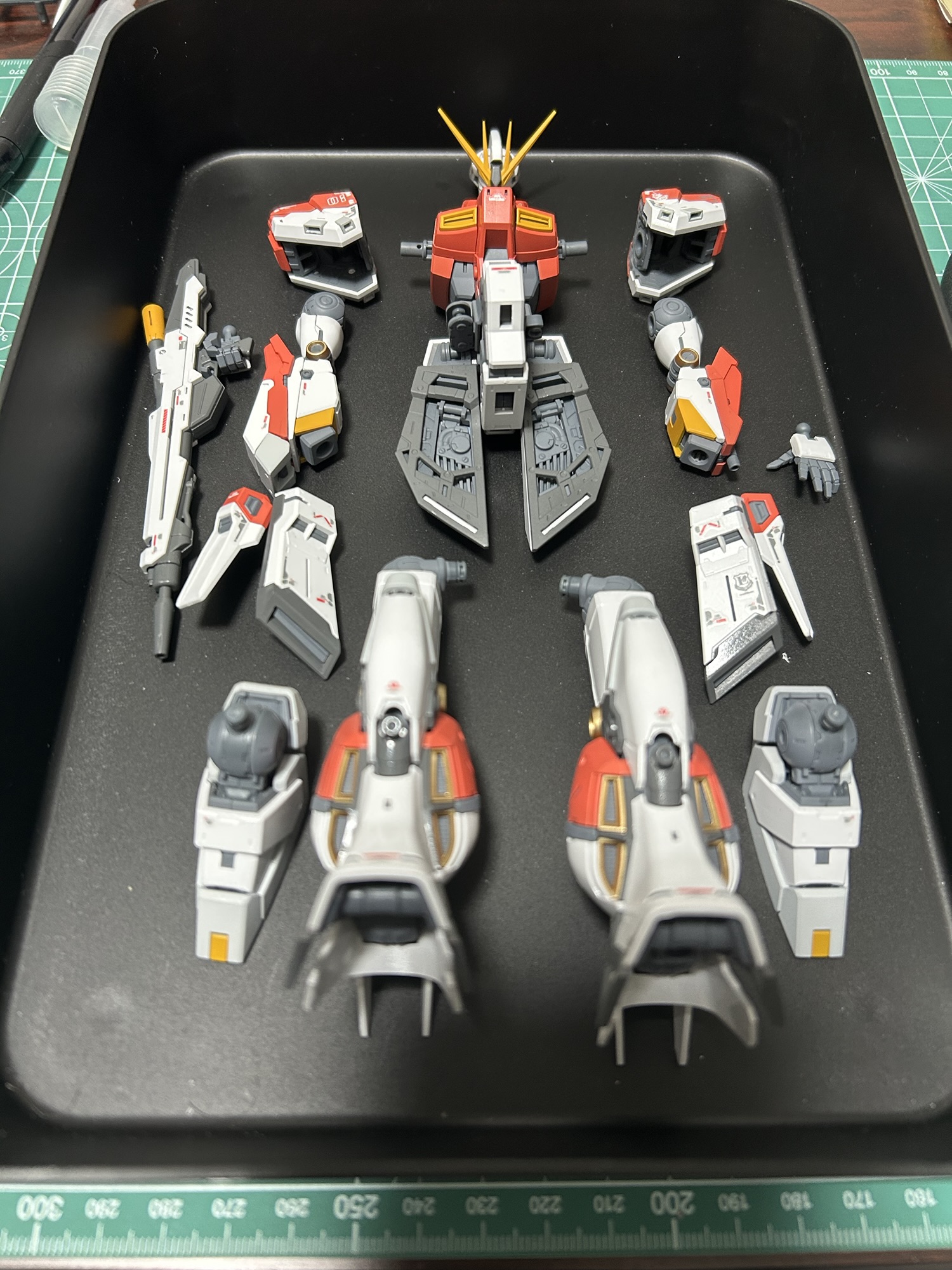 塗装したRG Hi-νガンダムの頭部・胴体・腕・脚をトレーに並べた状態