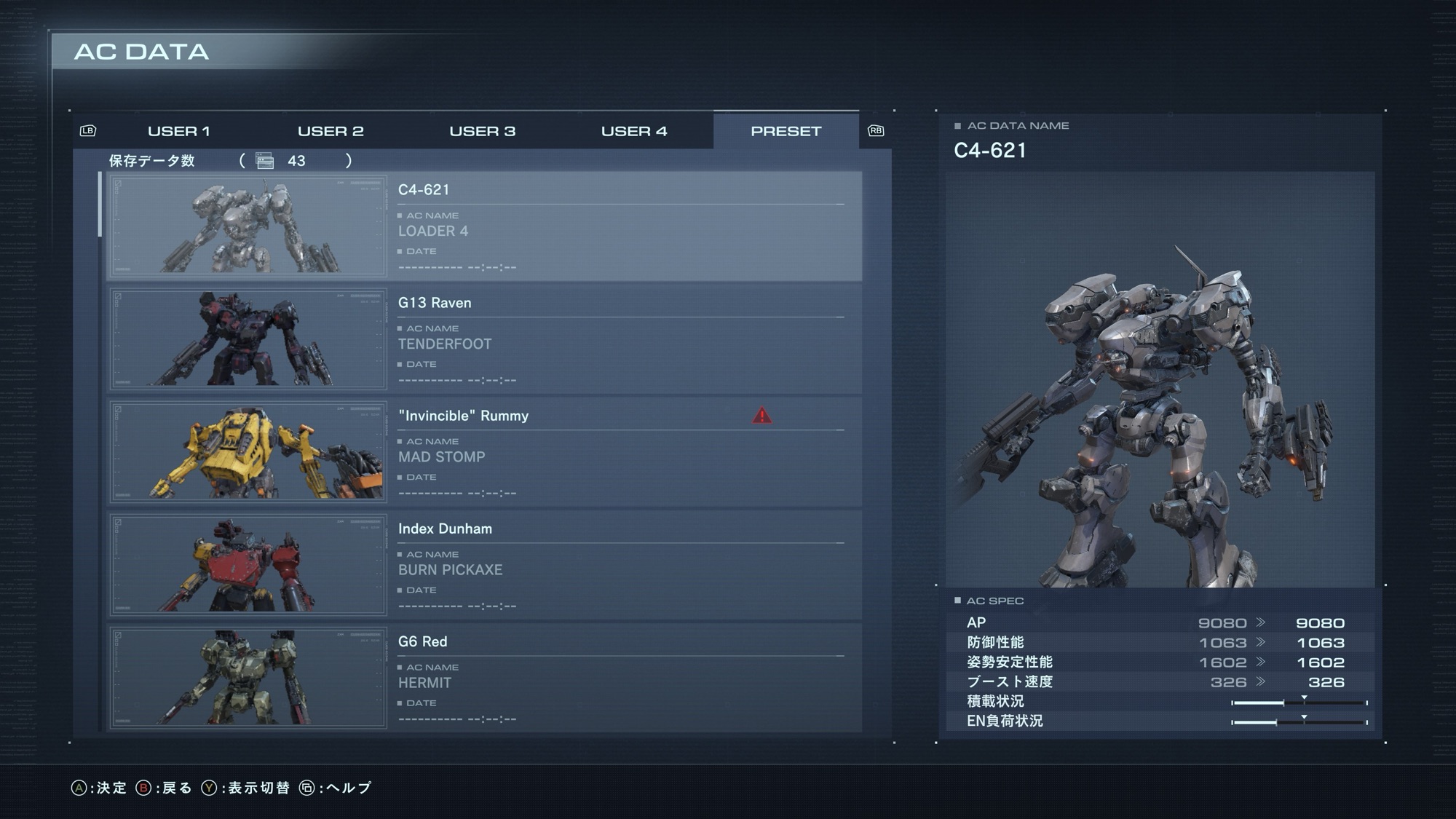 ARMORED CORE VIのAC DATA画面に表示されたC4-621のLOADER 4